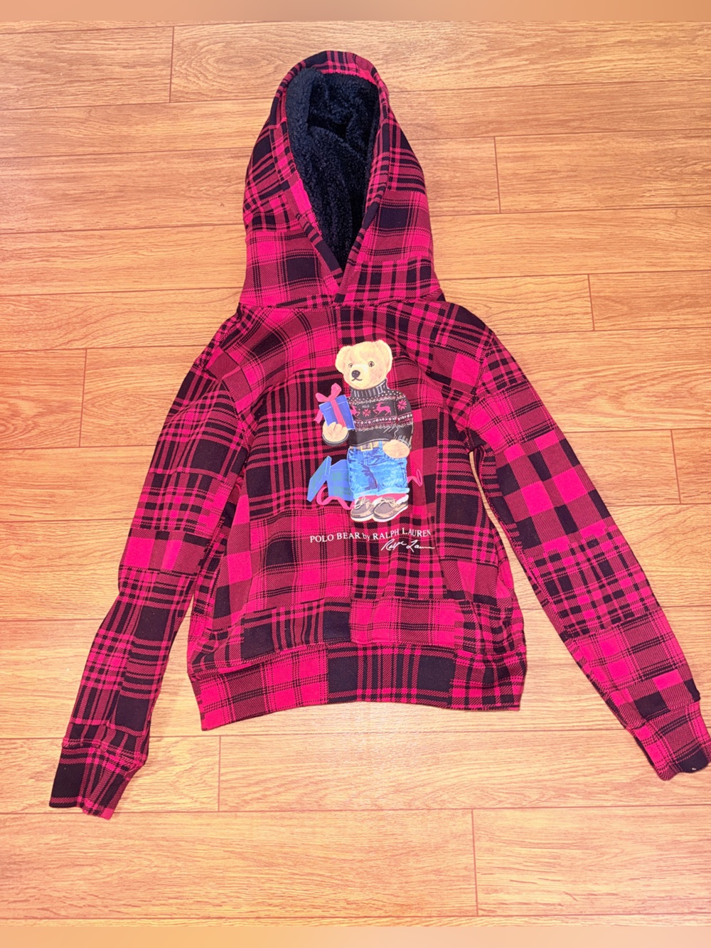 Polo Ralph Lauren Polo Bear Red & Black Checkered Hoodie Pull Over Size 10-12